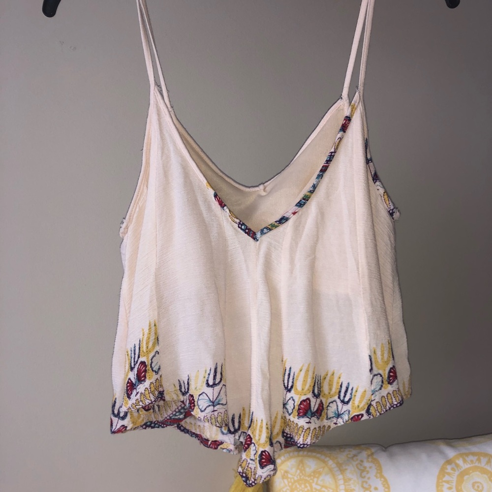 Spaghetti strap nude shirt w colorful embroidery